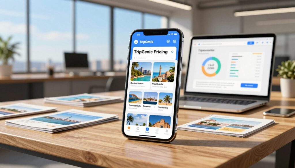A sleek and modern digital interface showcasing "TripGenie Pricing" prominently in the foreground, featuring a transparent smartphone displaying a vibrant app with various travel packages and activities. In the middle ground, a stylish wooden desk filled with travel brochures and a laptop featuring graphs to represent pricing options. The background includes an airy office space with large windows revealing a clear blue sky and cityscape, creating a professional yet inviting atmosphere. The lighting is warm and natural, emphasizing the modern technology while casting soft shadows. The overall mood is cheerful and informative, reflecting innovation and affordability in travel planning. A sleek and modern digital interface showcasing "TripGenie Pricing" prominently in the foreground, featuring a transparent smartphone displaying a vibrant app with various travel packages and activities. In the middle ground, a stylish wooden desk filled with travel brochures and a laptop featuring graphs to represent pricing options. The background includes an airy office space with large windows revealing a clear blue sky and cityscape, creating a professional yet inviting atmosphere. The lighting is warm and natural, emphasizing the modern technology while casting soft shadows. The overall mood is cheerful and informative, reflecting innovation and affordability in travel planning.