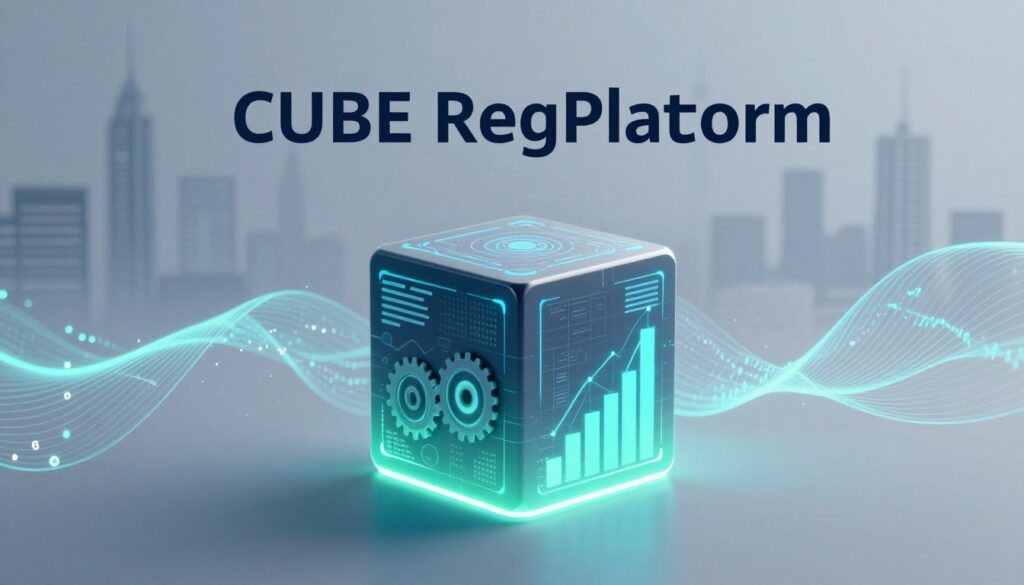A sleek and modern digital representation of the "CUBE RegPlatform," set against a clean, professional backdrop. In the foreground, display an illuminated, three-dimensional cube that incorporates elements symbolizing finance, such as gears and graphs, crafted in a futuristic style. The middle ground should feature abstract waves of data flowing around the cube, emphasizing analysis and technology. In the background, create a subtle blurred city skyline that hints at the corporate world, suggesting a global reach. Use soft blue and green lighting to convey a sense of trust and innovation. The overall mood should be dynamic and forward-thinking, capturing the essence of financial regulation and analysis in a cohesive visual narrative.
