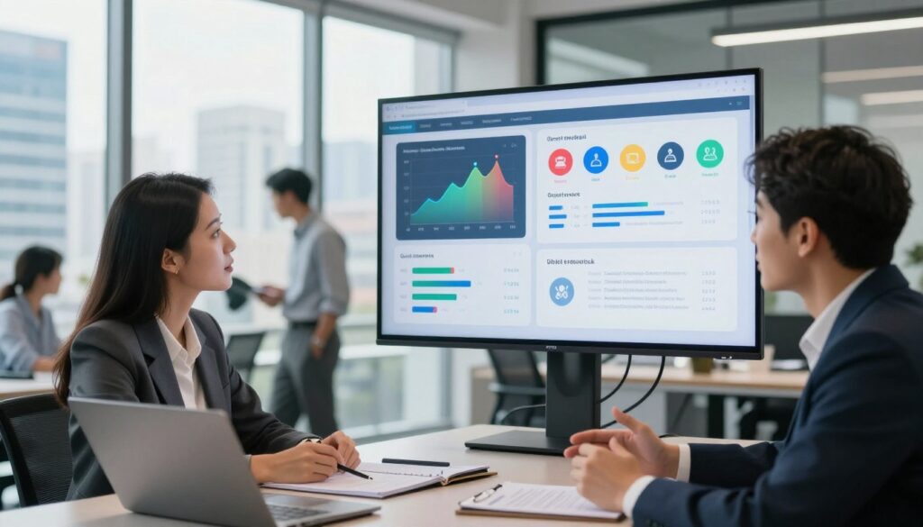 A sleek and modern office environment featuring a diverse group of professionals analyzing digital reviews and feedback on a large screen. In the foreground, two colleagues, one male and one female, are deeply engaged in discussion, dressed in business attire, with expressions of focus and enthusiasm. In the middle ground, a high-resolution display showcases colorful graphs and charts representing the performance analysis of guest feedback, with icons symbolizing hospitality and customer experiences. The background boasts large windows with a view of a vibrant cityscape, letting in natural light that creates a bright and dynamic atmosphere. The overall mood is one of collaboration and innovation, reflecting the importance of data-driven decision-making in the hospitality industry.