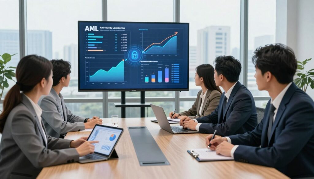 A sleek and modern office environment featuring a diverse group of professionals engaged in a meeting around a large conference table. In the foreground, a businesswoman in a tailored suit is analyzing financial data on a tablet, while a businessman in a sharp suit takes notes beside her. In the middle ground, a wall-mounted screen displays various graphs and charts related to AML (Anti-Money Laundering) risk assessment prices and tiers, with an abstract representation of data flow and security symbols subtly blended in. The background showcases tall windows with city skyline views, allowing natural light to illuminate the scene, creating a professional and focused atmosphere. Use a slightly elevated angle to capture both the individuals and the dynamic visuals on the screen, emphasizing a sense of collaboration and innovation in financial compliance.