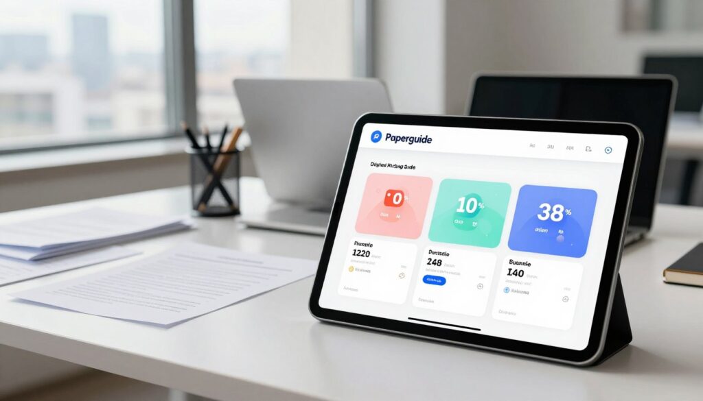 A sleek and modern office environment showcasing a digital pricing guide for "Paperguide". In the foreground, a large tablet displays an elegant user interface illustrating various subscription tiers and pricing options, with vibrant icons and graphics. In the middle, a neatly organized desk features paper documents, a laptop, and a stylish pen holder, symbolizing both traditional literature and modern technology. The background includes a large window with soft natural light streaming in, blending into a cityscape, conveying a sense of professionalism and innovation. The overall mood is bright and optimistic, highlighting the seamless integration of AI in organizing literature and studies. The composition should emphasize clarity and accessibility without any text overlays.