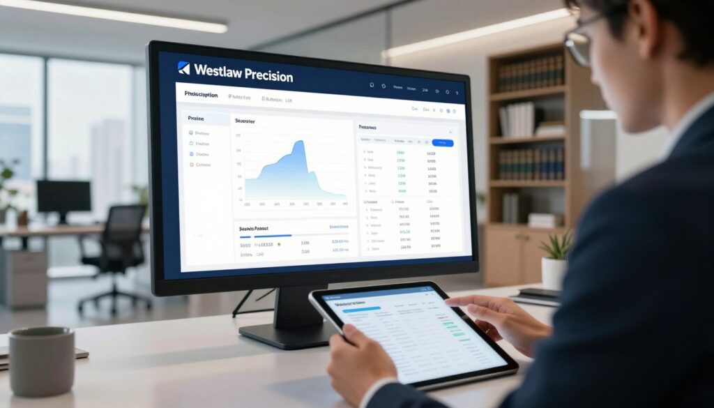 A sleek and modern office setting focused on “Westlaw Precision,” featuring a high-tech digital interface displaying legal search results. In the foreground, a close-up of a business professional in smart attire, intently analyzing data on a tablet. In the middle, a large interactive screen showcases intricate graphs and analytics representing pricing structures and subscription plans, illuminated by soft, ambient lighting. The background reveals a stylish, minimalist workspace with legal bookshelves and a cityscape visible through large windows, suggesting a sense of professionalism and efficiency. The mood is focused and innovative, capturing the essence of advanced legal technology in a contemporary environment.
