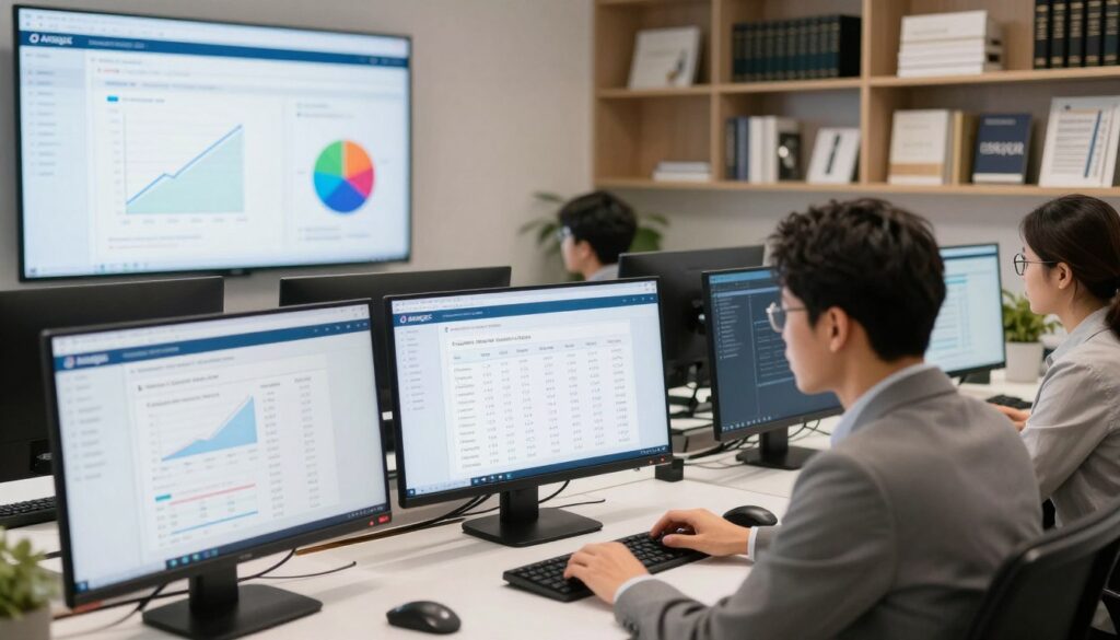 A sleek and modern office space, emphasizing professionalism and innovation, showcasing the Anaqua AQX interface on multiple computer screens. In the foreground, a business professional in smart attire is reviewing patent data and analytics, highlighting pricing structures related to patents and IP management. In the middle ground, a large digital display board features graphs illustrating pricing trends and tariffs, with vibrant colors for clarity. The background includes elegant shelving with reference books and branding materials related to intellectual property. The lighting is bright and inviting, creating a focused yet dynamic atmosphere, captured from a slightly elevated angle to provide a comprehensive view of the workspace. The image conveys a sense of efficiency and expertise in patent management, inviting readers into the world of Anaqua AQX.