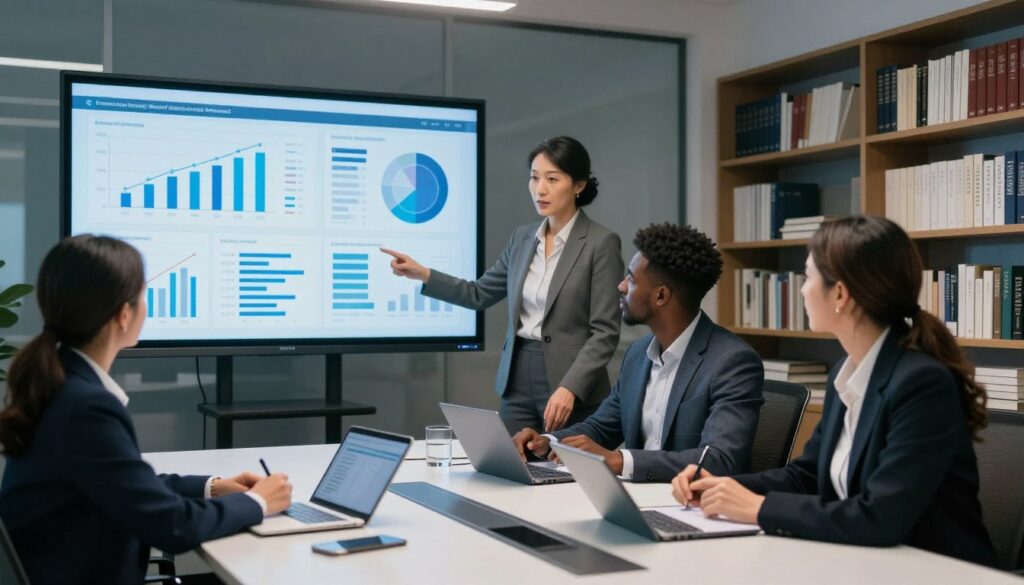 A sleek and modern office space focusing on a large digital display showcasing data analytics of medical research. In the foreground, a diverse group of three professionals in business attire, deeply engaged in discussion, analyzing the displayed charts and graphs. One is a middle-aged woman of Asian descent, another a young Black man, and the third a Caucasian woman, all exuding a sense of collaboration. The middle ground features a stylish conference table with notebooks and tablets scattered around, while the background contains shelves filled with medical books and research journals. Soft, ambient lighting enhances the focused atmosphere, emphasizing teamwork and innovation in healthcare analytics. A wide-angle perspective captures the entire scene, creating a dynamic feel. No text or watermarks included.