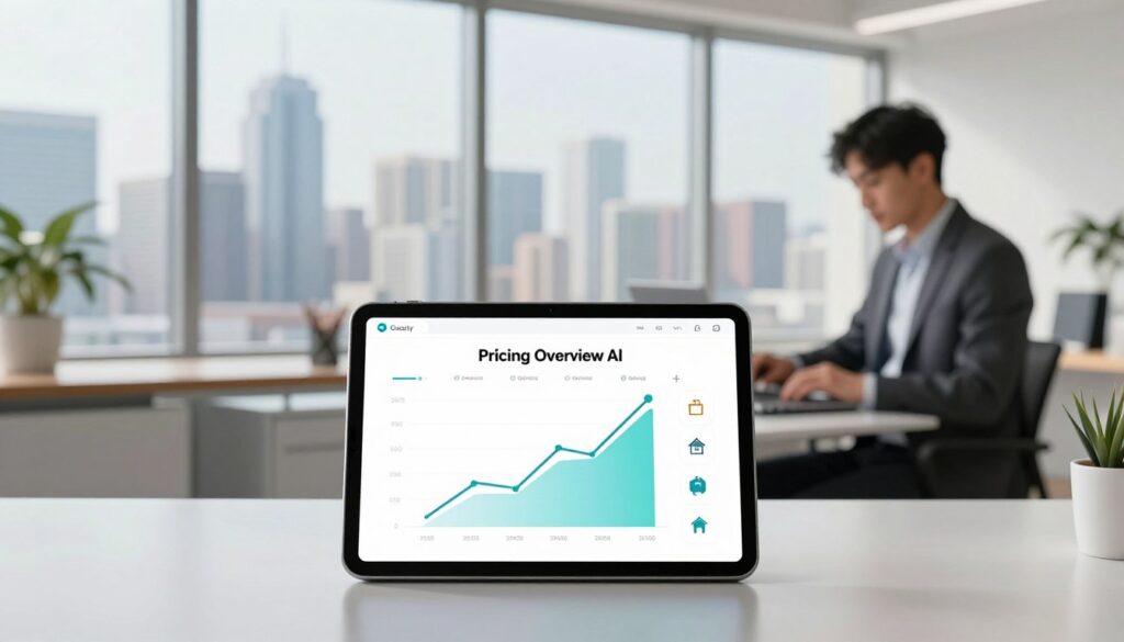 A sleek digital illustration representing the pricing overview of Guesty AI. In the foreground, display an elegant tablet showcasing a graph with upward trends and pricing tiers, surrounded by neatly organized icons of vacation rentals. In the middle, include a modern, well-lit office setting with a professional dressed individual analyzing the data on a laptop. The background features a large window with a city skyline, creating a sense of innovation and technology. Use bright, natural lighting to enhance the atmosphere of clarity and focus. The overall mood should convey efficiency, sophistication, and the forward-thinking nature of automated vacation rental solutions. A sleek digital illustration representing the pricing overview of Guesty AI. In the foreground, display an elegant tablet showcasing a graph with upward trends and pricing tiers, surrounded by neatly organized icons of vacation rentals. In the middle, include a modern, well-lit office setting with a professional dressed individual analyzing the data on a laptop. The background features a large window with a city skyline, creating a sense of innovation and technology. Use bright, natural lighting to enhance the atmosphere of clarity and focus. The overall mood should convey efficiency, sophistication, and the forward-thinking nature of automated vacation rental solutions.