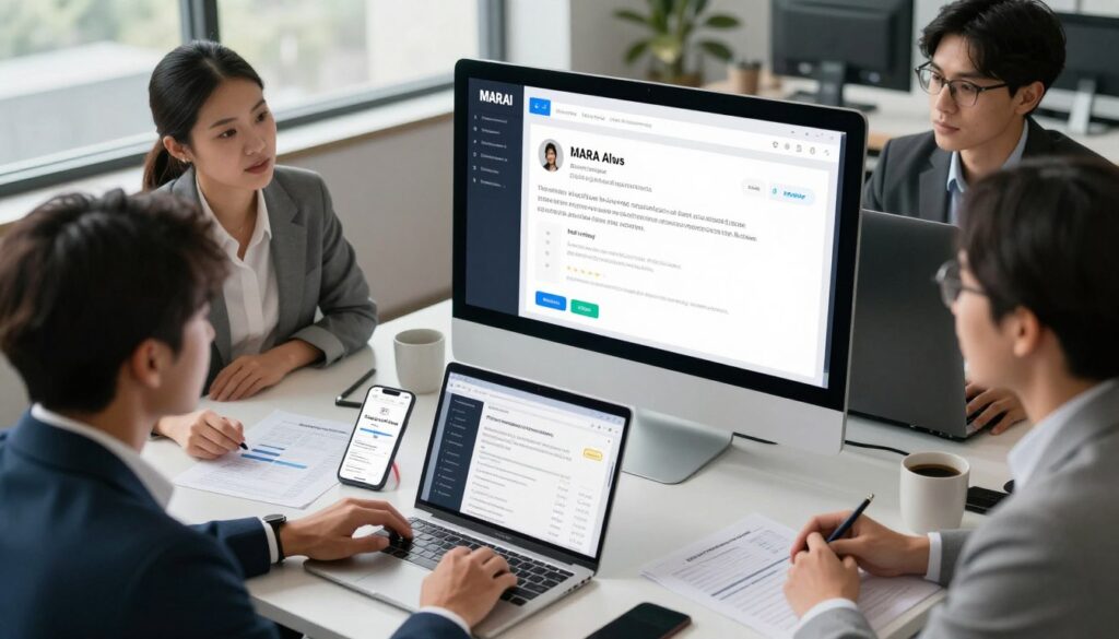 A sleek, modern digital workspace showcasing the MARA AI interface prominently on a high-resolution computer screen. In the foreground, a diverse group of professionals, dressed in business attire, discuss hotel reviews, their expressions engaged and determined. The middle layer features a stylish desktop with a laptop, a smartphone displaying notifications, and printed charts showcasing pricing and rates. The background reveals a contemporary office setting with large windows allowing soft, natural light to illuminate the room, casting gentle shadows. The mood is energetic and collaborative, reflecting a focus on innovation in automated hotel review responses. The angle is slightly elevated, providing a comprehensive view of the scene while ensuring all elements are clear and in focus.