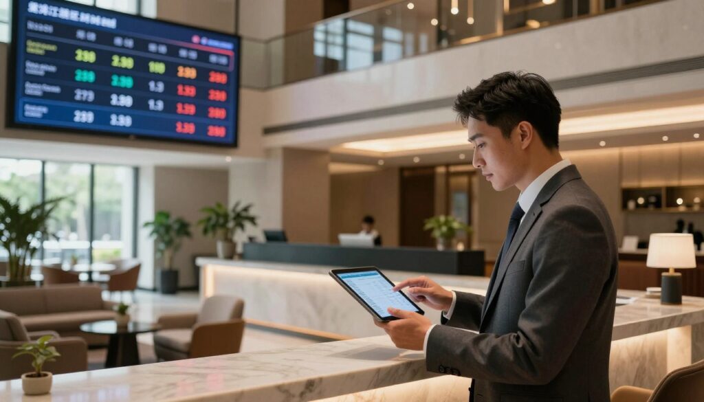 A sleek, modern hotel lobby featuring a digital display showcasing dynamic pricing and tariff options for hotel rooms. In the foreground, a well-dressed hotel manager consults a tablet, analyzing guest data with a focused expression. The middle layer includes a stylish reception desk and contemporary furniture, adorned with potted plants. Background elements feature large windows allowing natural light to flood the space, and soft colors create a welcoming atmosphere. The lighting is warm and inviting, while the angle captures the depth of the lobby. The overall mood is professional and efficient, highlighting the role of AI in transforming hotel pricing strategies. A sleek, modern hotel lobby featuring a digital display showcasing dynamic pricing and tariff options for hotel rooms. In the foreground, a well-dressed hotel manager consults a tablet, analyzing guest data with a focused expression. The middle layer includes a stylish reception desk and contemporary furniture, adorned with potted plants. Background elements feature large windows allowing natural light to flood the space, and soft colors create a welcoming atmosphere. The lighting is warm and inviting, while the angle captures the depth of the lobby. The overall mood is professional and efficient, highlighting the role of AI in transforming hotel pricing strategies.