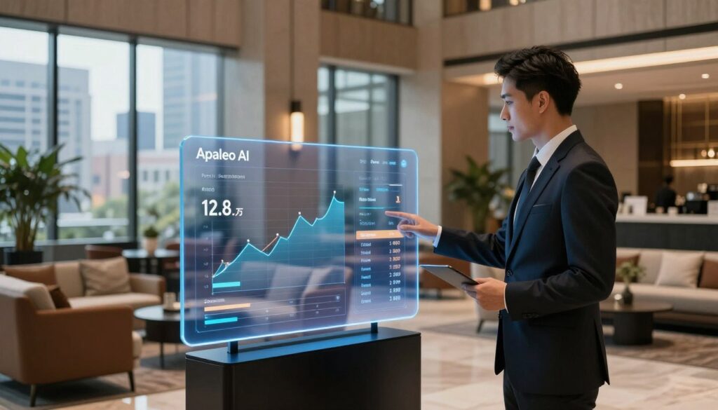 A sleek, modern hotel lobby featuring a digital interface showcasing Apaleo AI's price and rate automation tools. In the foreground, a stylish hotel manager in professional attire interacts with a transparent touchscreen displaying dynamic pricing graphs and booking rates. The middle ground reveals elegant furniture and potted plants, creating a welcoming atmosphere. The background features large windows with a view of an urban skyline, illuminated by soft, natural light. The scene has a futuristic vibe, highlighting the integration of technology in hospitality. The image should convey a sense of innovation and professionalism, with a warm color palette to evoke trust and efficiency.