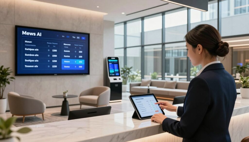 A sleek, modern hotel reception area featuring digital displays showcasing Mews AI software pricing and rates. In the foreground, a professional-looking receptionist in business attire interacts with a tablet, displaying details of the hotel's dynamic pricing strategy. In the middle ground, elegant furniture complements minimalist design elements, with a high-tech kiosk providing information on room rates. The background shows large, floor-to-ceiling windows with natural light flooding in, highlighting the modern architecture and giving a sense of efficiency and comfort. The atmosphere is vibrant yet professional, conveying innovation in hotel processes. The lighting is bright and inviting, emphasizing the high-tech environment. Use a wide-angle lens to capture the entire space and create an immersive scene.