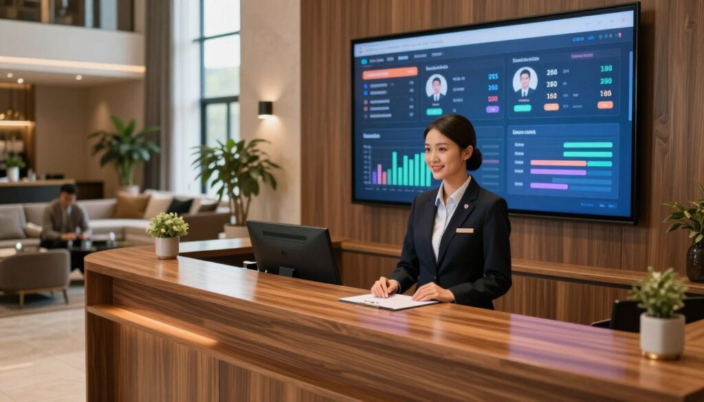A sleek, modern hotel reception area in the foreground, showcasing a polished wooden desk with a friendly, professional receptionist dressed in formal business attire. In the middle ground, a large screen displays a colorful dashboard of guest satisfaction metrics, highlighting numbers and charts in an engaging format. The background features a stylish lobby with comfortable seating, decorative plants, and soft, ambient lighting that creates a welcoming atmosphere. The mood is focused and professional, with warm tones emphasizing trust and satisfaction. The scene is captured from a slightly elevated angle, showcasing the interaction between guests and staff, infused with natural light pouring in from large windows.