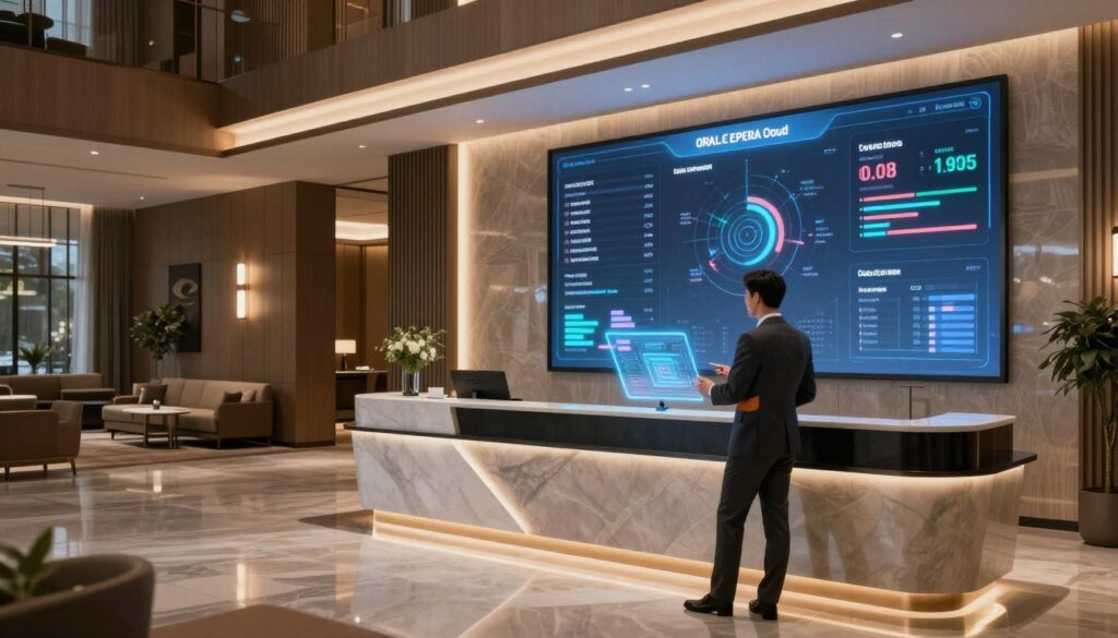 A sleek, modern hotel reception area showcasing advanced technology, symbolizing Oracle OPERA Cloud's AI-driven pricing and tariff strategies. In the foreground, a professional hotel manager in formal business attire interacts with a digital interface displaying dynamic pricing models and analytics. The middle ground features a futuristic reception desk with glowing screens and holographic projections of key data like room rates and occupancy trends. The background depicts stylish hotel interiors, subtly lit with warm, inviting lights that create an atmosphere of sophistication and efficiency. Use a wide-angle lens to capture the entire space, emphasizing the blend of modern design and cutting-edge technology. The mood exudes professionalism and innovation, highlighting the transformative power of AI in hotel management. A sleek, modern hotel reception area showcasing advanced technology, symbolizing Oracle OPERA Cloud's AI-driven pricing and tariff strategies. In the foreground, a professional hotel manager in formal business attire interacts with a digital interface displaying dynamic pricing models and analytics. The middle ground features a futuristic reception desk with glowing screens and holographic projections of key data like room rates and occupancy trends. The background depicts stylish hotel interiors, subtly lit with warm, inviting lights that create an atmosphere of sophistication and efficiency. Use a wide-angle lens to capture the entire space, emphasizing the blend of modern design and cutting-edge technology. The mood exudes professionalism and innovation, highlighting the transformative power of AI in hotel management.