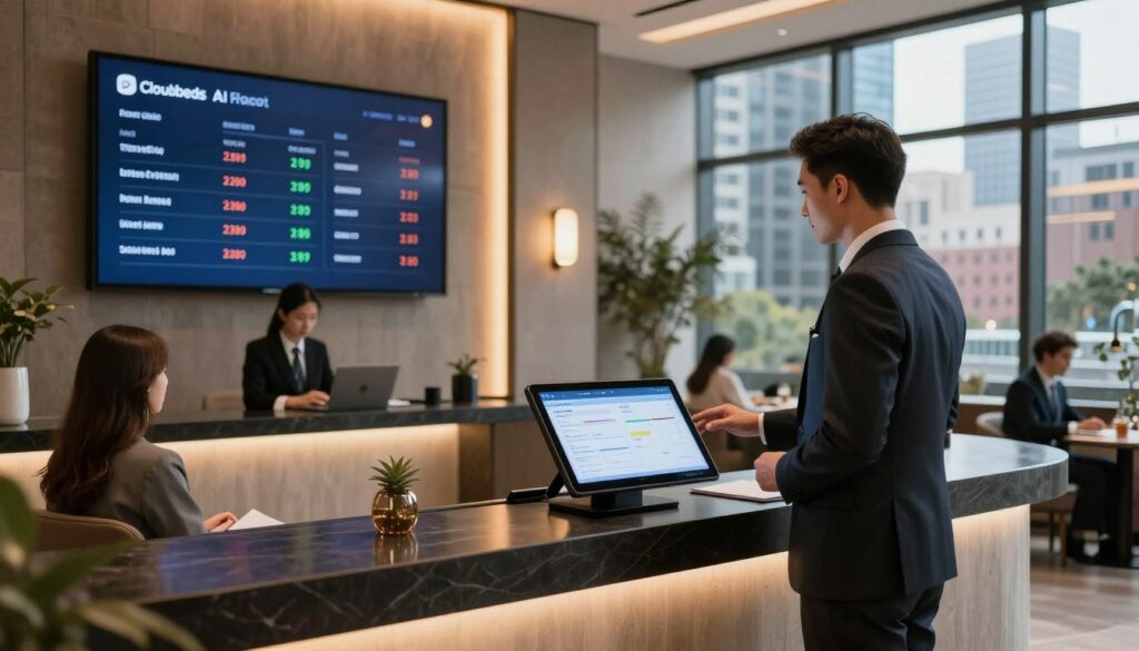A sleek, modern hotel reception area with a sophisticated digital display showcasing pricing and rates dynamically updated by Cloudbeds AI. In the foreground, a professional hotel manager in a tailored suit stands beside a touchscreen kiosk with real-time analytics, highlighting competitive pricing strategies. The middle ground features a stylish reception desk with elegant decor, guests interacting with friendly staff, and an ambient atmosphere illuminated by soft, warm lighting. In the background, large windows reveal a vibrant city skyline, indicating a bustling urban hotel. The scene captures a sense of efficiency, innovation, and professionalism, with an emphasis on technology enhancing guest experiences and business operations. The composition is shot at eye level, creating an inviting and engaging perspective.