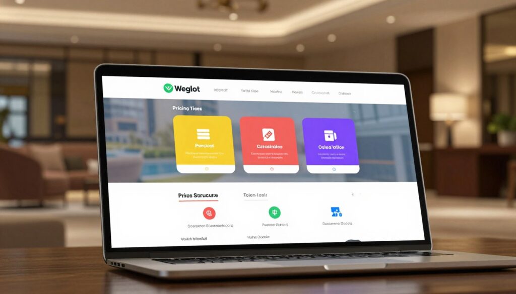 A sleek, modern hotel website interface displaying Weglot's pricing structure. In the foreground, a well-organized layout features various pricing tiers for a multilingual hotel website solution, visually represented in vibrant infographics and icons to denote features like translation services, customer support, and integration options. The middle section includes a stylized, professional laptop showing the website interface with bright, inviting colors that suggest accessibility and ease of use. In the background, a subtly blurred luxurious hotel lobby provides context, illuminated by soft, warm lighting creating an inviting atmosphere. The scene is captured from a slightly elevated angle, emphasizing the website layout and providing a polished, clean aesthetic that embodies professionalism and modern technology.