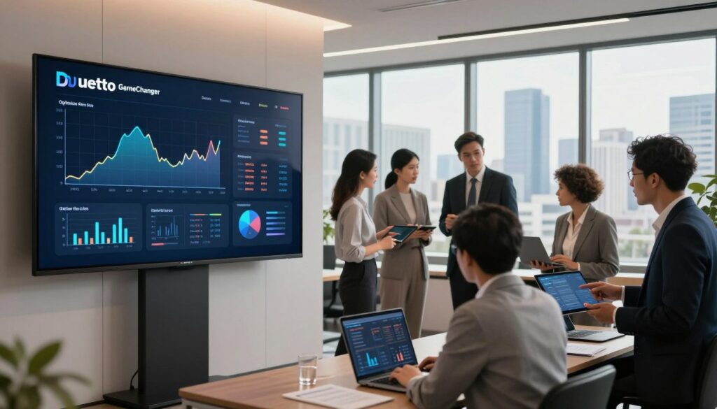 A sleek, modern office environment featuring a digital display showcasing the Duetto GameChanger logo prominently in the foreground. The display is interactive, illustrating dynamic graphs and visuals depicting optimized hotel pricing strategies and analytics. In the middle ground, a diverse group of professionals in business attire are engaged in a discussion, analyzing data on tablets and laptops. A large window in the background lets in natural light, revealing a city skyline that conveys progress and innovation. The atmosphere is collaborative and focused, with a soft, warm lighting that enhances the professionalism of the scene. The angle is slightly elevated, capturing both the teamwork and the technology that embodies Duetto GameChanger's approach to calculating profitable hotel prices.