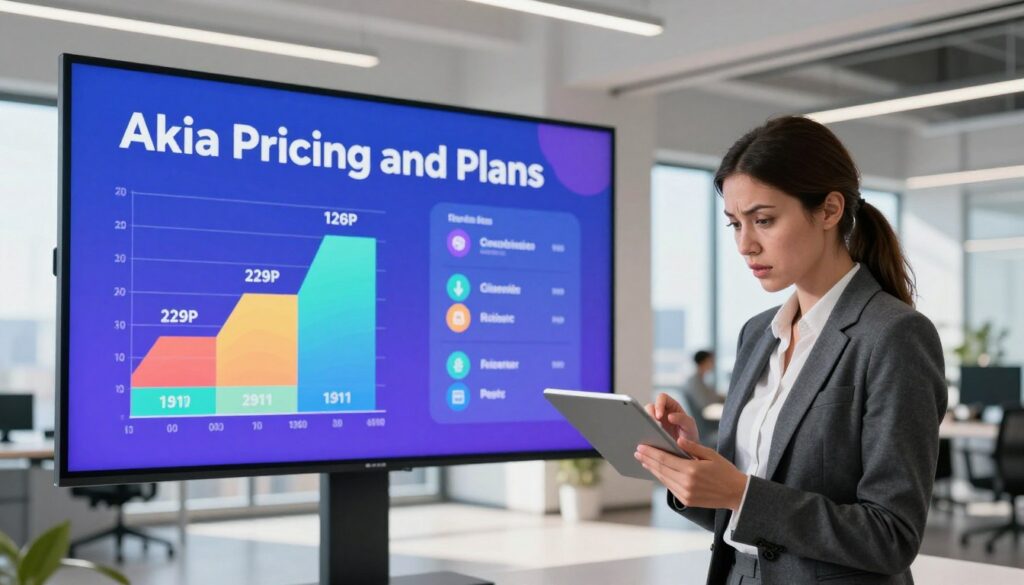 A sleek, modern office environment featuring a large digital display showcasing the "Akia Pricing and Plans" with vibrant graphics. In the foreground, a professional-looking woman in business attire is attentively reviewing the pricing details on a tablet, her face reflecting intrigue and engagement. In the middle, there are charts and graphs representing various pricing tiers, alongside icons symbolizing services offered by Akia. The background reveals a contemporary office space with large windows allowing natural light to flood in, casting soft shadows. The atmosphere is dynamic yet professional, conveying a sense of innovation and efficiency. The lighting is bright and even, enhancing the modern aesthetic of the setting.