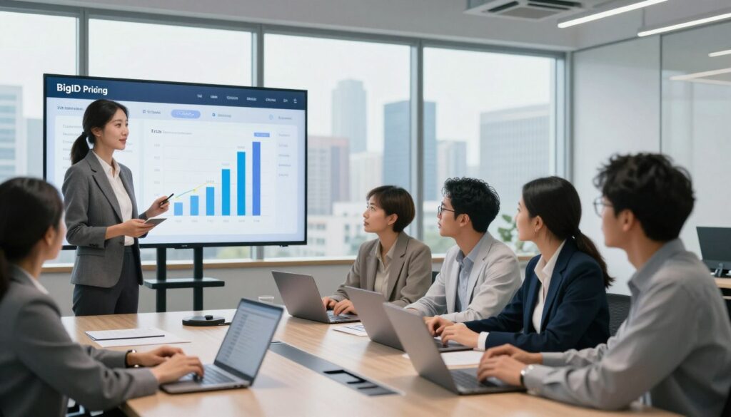 A sleek, modern office environment showcasing a high-tech display of BigID pricing and packages. In the foreground, a professional-looking female data analyst in business attire stands beside a digital screen with bar graphs and charts illustrating pricing tiers for BigID services. In the middle ground, a diverse team of professionals collaborates around a conference table, engaged in discussion with laptops open, conveying teamwork and innovation. The background features a city skyline visible through large windows, with soft, diffused natural light flooding the room, creating a bright and inspiring atmosphere. The overall mood is focused and forward-thinking, reflecting the significance of data security and smart investments in technology.