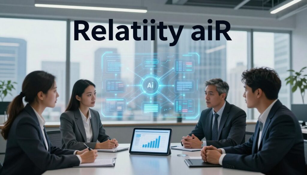 A sleek, modern office environment showcasing the concept of "Relativity aiR". In the foreground, a diverse group of professionals in business attire, engaged in a serious discussion around a digital tablet displaying graphs and analytics related to e-discovery processes. The middle ground features an interactive holographic display illustrating workflows of ai-driven data management, with glowing elements symbolizing connectivity and speed. In the background, large windows reveal a bustling cityscape, symbolizing innovation and progress. The lighting is bright and professional, with soft shadows to enhance depth. The overall atmosphere exudes a blend of sophistication and technological advancement, emphasizing efficiency and clarity in e-discovery practices.