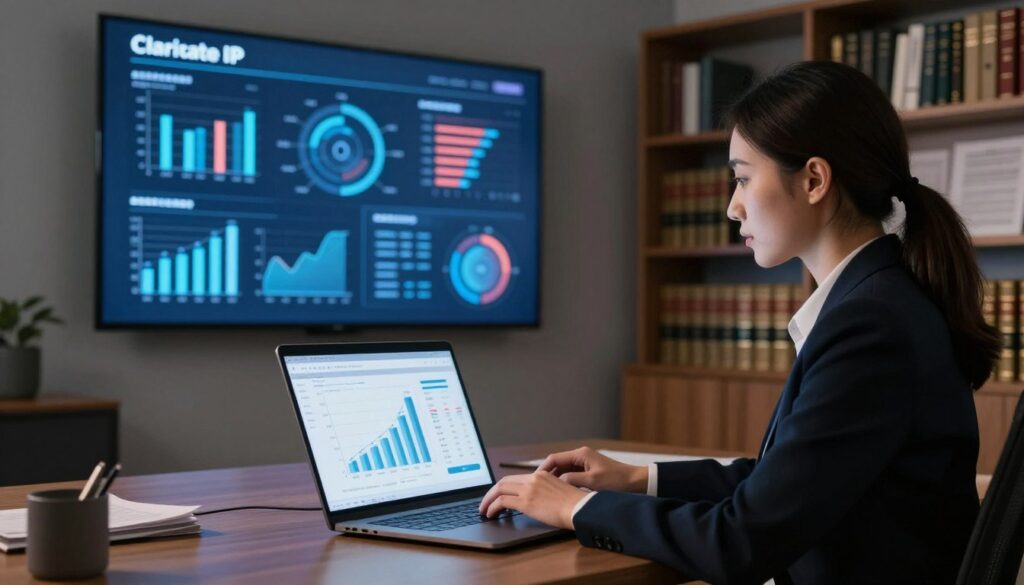 A sleek, modern office environment showcasing the concept of patent analysis by Clarivate IP. In the foreground, a sophisticated laptop displays graphs and patent data, illuminated by a soft, warm light, suggesting an evening setting. A professional businesswoman, dressed in smart attire, is seated at the laptop, analyzing data attentively. In the middle, a large digital screen on the wall features dynamic patent statistics and visualizations, reflecting advanced technology. The background reveals a bookshelf filled with legal books and documents, accentuating a scholarly atmosphere. The overall mood is focused and analytical, with ambient lighting enhancing the feeling of professionalism and innovation. Capture this scene from a slight angle to provide depth and perspective, highlighting the intersection of technology and intellectual property analysis.