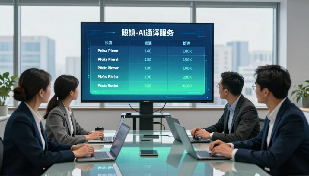 A sleek, modern office setting filled with technology. In the foreground, a diverse group of professionals intently discussing translation pricing strategies at a contemporary glass table, showcasing laptops and digital devices. The middle ground features an interactive digital display highlighting various pricing tiers for AI translation services, bathed in soft blue and green lighting, creating a calm, focused atmosphere. The background showcases a bright cityscape visible through large windows, symbolizing global connectivity and modernization. The mood is collaborative and innovative, emphasizing the future of automated translation and localization. The scene captures the essence of professionalism, with individuals dressed in smart business attire.
