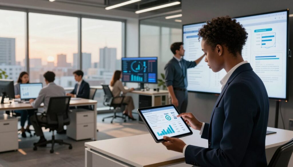 A sleek, modern office space featuring a diverse group of professionals in business attire engaging with advanced technology to manage legal cases. In the foreground, a confident Black woman examines a digital tablet displaying graphs and statistics about pricing plans and rates for Filevine AI, while a Hispanic man points to a large screen summarizing case management features. The middle ground showcases stylish office furniture and interactive screens filled with data visualizations, conveying an organized and efficient work environment. The background depicts a panoramic city view through large windows, illuminated by warm, natural light, enhancing a mood of productivity and innovation. The overall atmosphere is inspiring and professional, focused on effective legal workflow management.