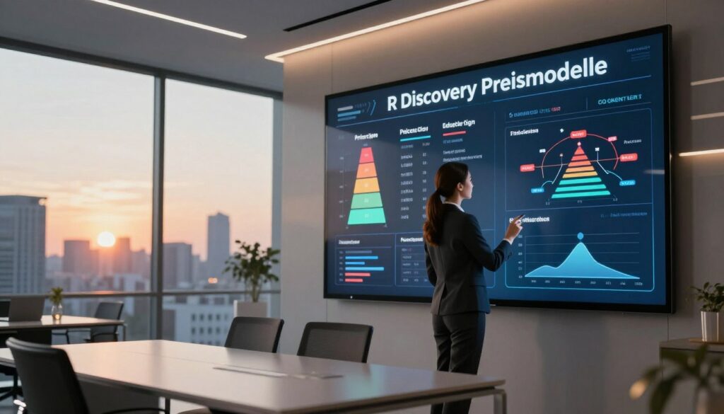 A sleek, modern office space with high-tech elements showcasing the R Discovery Preismodelle concept. In the foreground, a professional businesswoman in smart attire examines a digital screen displaying data metrics and charts related to research pricing models. In the middle ground, a large interactive display board highlights various pricing tiers with colorful graphs and flowcharts. The background features a panoramic window with a city skyline, illuminated by the soft glow of sunset, creating an inspiring atmosphere. The lighting is warm and inviting, emphasizing productivity and innovation. The scene is captured from a low-angle perspective to convey a sense of ambition and empowerment in the work environment.