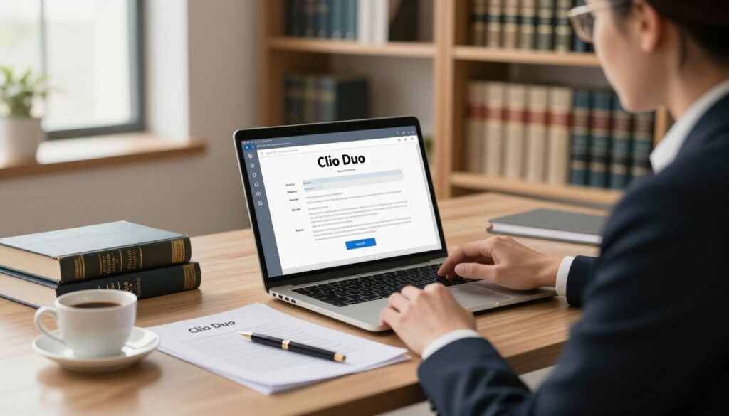 A sleek, modern workspace featuring a laptop displaying the Clio Duo interface, surrounded by professional legal documents and a stylish pen. In the foreground, a well-dressed lawyer, male or female, analyzes the screen intently, dressed in formal business attire. The middle ground includes a well-organized desk with a few legal books and a coffee cup, conveying productivity and focus. The background features soft-focus shelves filled with law books and a window allowing natural light to filter in, casting a warm glow over the scene. The composition should emphasize a sense of efficiency and professionalism, with a calm and inspiring atmosphere. Use soft, balanced lighting to enhance the workspace vibe, resembling a high-quality photograph taken with a 50mm lens at eye level.