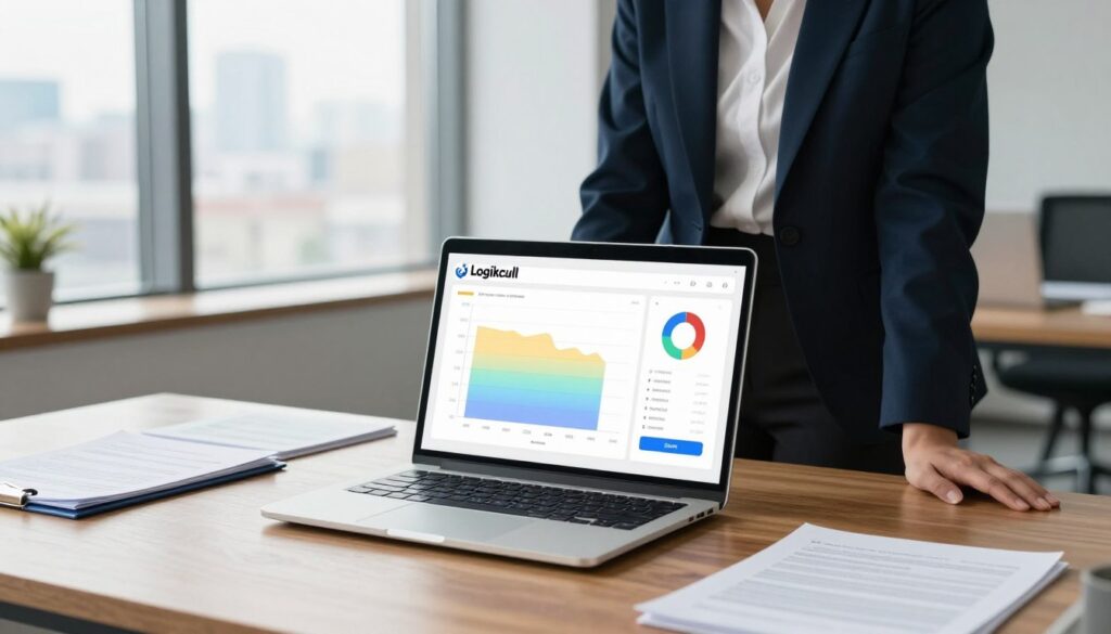 A sleek, professional office environment showcasing a modern digital workspace. In the foreground, a polished wooden desk features a high-tech laptop displaying a graph of pricing and plans for Logikcull, with clear visual elements representing different tiers and services. Surrounding the desk are various documents neatly organized, symbolizing efficiency in document searching. In the middle ground, a business professional in smart attire stands, analyzing data on the laptop, exuding focus and determination. Soft, natural lighting floods through a large window in the background, providing a view of a cityscape, enhancing the atmosphere of innovation and clarity. The overall mood is one of professionalism and forward-thinking technology, reflecting the themes of accessibility and efficiency in document management.