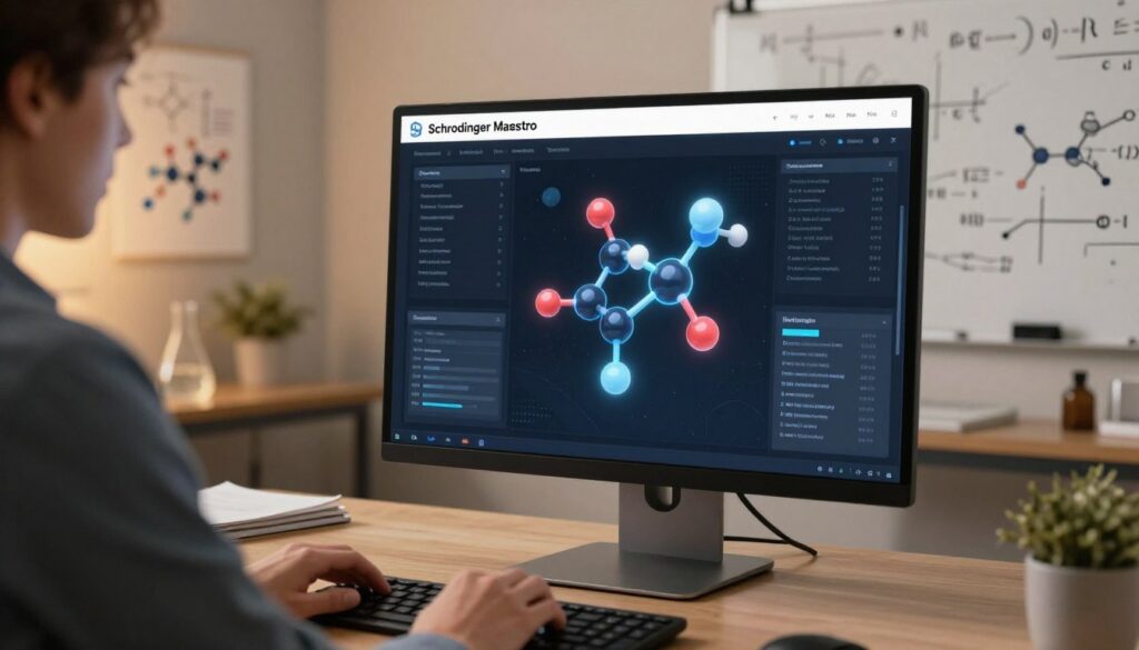 A sophisticated and modern digital interface showcasing the "Schrodinger Maestro" software in action, prominently featuring a 3D molecular visualization on a sleek desktop screen. In the foreground, a person wearing professional business attire, engaged in analysis, with their hands poised over a keyboard. The middle layer displays intricate molecular models and bonds, illuminated with dynamic highlights to emphasize their complexity. In the background, a well-organized workspace with scientific diagrams, a whiteboard filled with equations, and ambient lighting providing a warm, focused atmosphere. Capture a sense of innovation and professionalism, as if the viewer is experiencing cutting-edge molecular modeling technology firsthand, with soft shadows and a slight tilt-angle perspective for an immersive feel.
