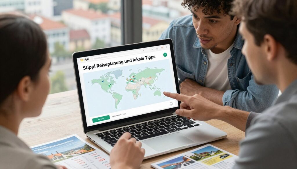 A sophisticated and modern digital interface showcasing the "Stippl Reiseplanung und lokale Tipps" application on a sleek laptop, with a blurred cityscape of a popular travel destination in the background. In the foreground, a diverse group of three professionals, dressed in smart casual attire, are engaged in discussing travel routes and hotel options, pointing at the screen with expressions of enthusiasm and focus. A world map and travel brochures are scattered around them, hinting at various pricing options and local experiences. The lighting is bright and inviting, creating a warm atmosphere, with soft shadows for depth. The angle is slightly overhead to encompass both the laptop and the engaged group, giving a view of collaboration and planning for an exciting journey. A sophisticated and modern digital interface showcasing the "Stippl Reiseplanung und lokale Tipps" application on a sleek laptop, with a blurred cityscape of a popular travel destination in the background. In the foreground, a diverse group of three professionals, dressed in smart casual attire, are engaged in discussing travel routes and hotel options, pointing at the screen with expressions of enthusiasm and focus. A world map and travel brochures are scattered around them, hinting at various pricing options and local experiences. The lighting is bright and inviting, creating a warm atmosphere, with soft shadows for depth. The angle is slightly overhead to encompass both the laptop and the engaged group, giving a view of collaboration and planning for an exciting journey.