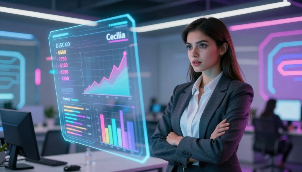 A sophisticated and vibrant scene depicting "DISCO Cecilia," an AI character representing advanced technology in a modern context. In the foreground, a confident young woman in professional business attire stands beside a sleek digital interface showcasing data analytics and pricing plans. Her expression radiates enthusiasm and determination. In the middle ground, holographic displays illuminate graphs and statistics related to pricing and tariffs, casting a colorful glow. The background features a futuristic office environment with abstract elements, like circuit patterns and phosphorescent lights, reinforcing a high-tech atmosphere. Soft, dynamic lighting creates a lively mood, emphasizing innovation and efficiency. The scene is viewed from a slightly elevated angle, enhancing depth and a sense of progress.