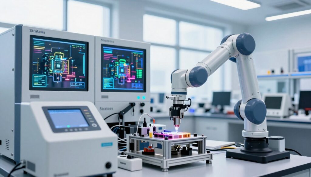 A sophisticated laboratory environment showcasing Strateos' advanced automation technology. In the foreground, a sleek robotic arm meticulously handling laboratory equipment, surrounded by high-tech devices. In the middle ground, automated workstations with glass panels displaying intricate electronic components and colorful LED lights, symbolizing cutting-edge AI integration. The background features a modern lab with bright, natural lighting pouring in from large windows, illuminating the space and creating a futuristic atmosphere. The scene conveys a sense of efficiency and innovation, embodying the essence of automated laboratory processes. Capture the image from a dynamic angle that highlights the seamless interaction between robotics and lab equipment, ensuring a vibrant and professional mood throughout the composition. No text or watermarks included.