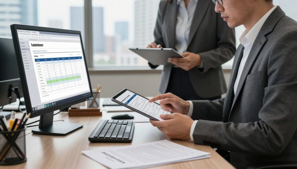 A sophisticated office scene depicting a modern legal workspace focused on trademark deadline management. In the foreground, a sleek, computer workstation featuring open legal software displaying charts and timelines related to trademark deadlines, surrounded by documents and stationery. In the middle ground, a professional business person wearing a tailored suit is intently reviewing trademark applications on a tablet, conveying diligence and focus. The background shows large windows with a city skyline, casting natural light that illuminates the space, creating a bright and productive atmosphere. The overall mood should be one of professionalism and efficiency, highlighting the intersection of law and technology. No text or logos are present in the image. A sophisticated office scene depicting a modern legal workspace focused on trademark deadline management. In the foreground, a sleek, computer workstation featuring open legal software displaying charts and timelines related to trademark deadlines, surrounded by documents and stationery. In the middle ground, a professional business person wearing a tailored suit is intently reviewing trademark applications on a tablet, conveying diligence and focus. The background shows large windows with a city skyline, casting natural light that illuminates the space, creating a bright and productive atmosphere. The overall mood should be one of professionalism and efficiency, highlighting the intersection of law and technology. No text or logos are present in the image.