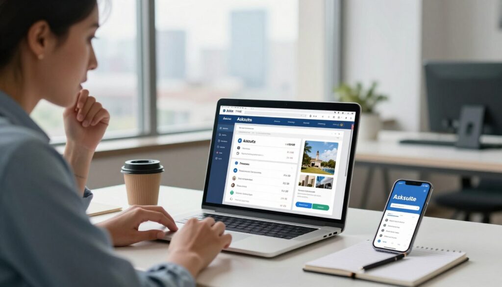 A stylish digital workspace featuring a laptop displaying the Asksuite dashboard, showcasing pricing and promotional information for hotel bookings. In the foreground, a focused business professional in smart casual attire is engaged in a chat conversation, with a thoughtful expression. The middle ground includes a sleek desk with a coffee cup, some notepads scattered around, and a modern smartphone also displaying the Asksuite app. In the background, a large window allows soft, natural light to flood the room, highlighting a city skyline. The atmosphere is vibrant yet professional, reflecting a productive work environment. The image should have a clear depth of field, emphasizing the laptop and conversation, while softly blurring the background to maintain focus on the subject. A stylish digital workspace featuring a laptop displaying the Asksuite dashboard, showcasing pricing and promotional information for hotel bookings. In the foreground, a focused business professional in smart casual attire is engaged in a chat conversation, with a thoughtful expression. The middle ground includes a sleek desk with a coffee cup, some notepads scattered around, and a modern smartphone also displaying the Asksuite app. In the background, a large window allows soft, natural light to flood the room, highlighting a city skyline. The atmosphere is vibrant yet professional, reflecting a productive work environment. The image should have a clear depth of field, emphasizing the laptop and conversation, while softly blurring the background to maintain focus on the subject.