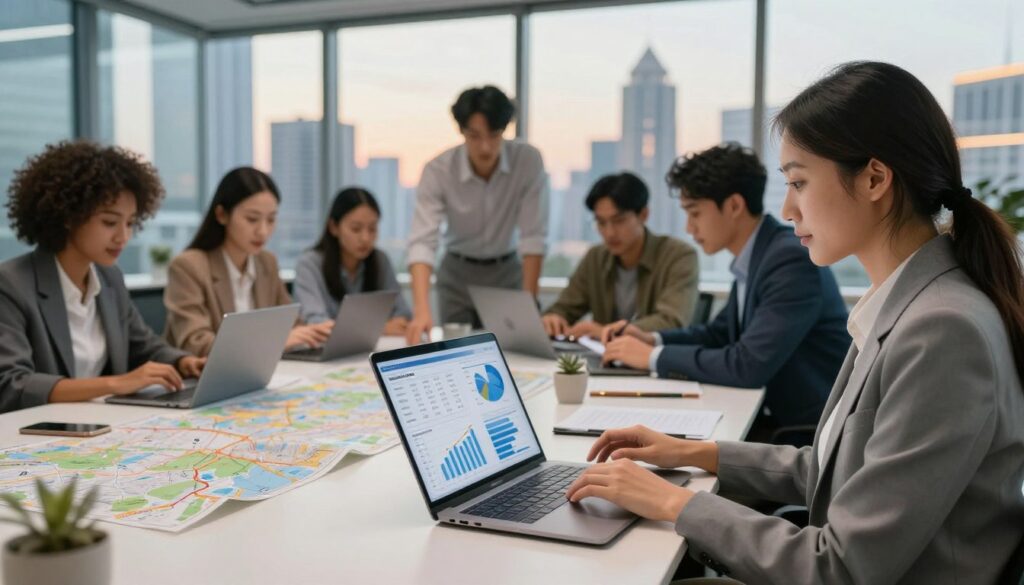 A vibrant and modern office setting showcasing the theme of travel marketing. In the foreground, a professional woman in business attire is analyzing data on a sleek laptop, with graphs and charts related to pricing and tariffs displayed on the screen. In the middle ground, a team of diverse professionals collaborates over a large table, examining maps and digital devices, illustrating a dynamic brainstorming session. The background features a large window with a panoramic view of a bustling city skyline, illuminated by soft, warm lighting that creates an inviting atmosphere. The overall mood is focused and energetic, highlighting innovation and collaboration in travel marketing. The image captures the essence of data analysis for travel pricing in a contemporary business environment. A vibrant and modern office setting showcasing the theme of travel marketing. In the foreground, a professional woman in business attire is analyzing data on a sleek laptop, with graphs and charts related to pricing and tariffs displayed on the screen. In the middle ground, a team of diverse professionals collaborates over a large table, examining maps and digital devices, illustrating a dynamic brainstorming session. The background features a large window with a panoramic view of a bustling city skyline, illuminated by soft, warm lighting that creates an inviting atmosphere. The overall mood is focused and energetic, highlighting innovation and collaboration in travel marketing. The image captures the essence of data analysis for travel pricing in a contemporary business environment.