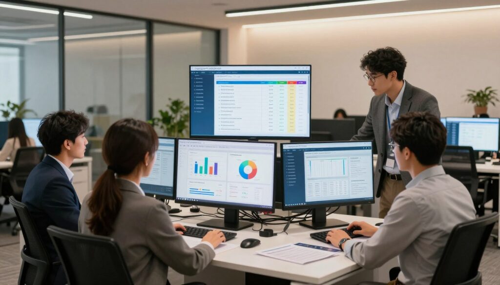A vibrant, modern office environment showcasing a digital workspace dedicated to compliance and audits. In the foreground, a professional, diverse team of three individuals dressed in business attire closely examines digital dashboards and graphs representing "Hyperproof Compliance" metrics. The middle layer features a large screen displaying colorful analytics and compliance checklists, while various compliance-related documents are neatly arranged on a contemporary desk. In the background, soft ambient lighting illuminates a sleek, minimalist office interior with glass partitions and plants. The atmosphere is dynamic and focused, emphasizing collaboration and innovation in the realm of compliance and audits. Use a wide-angle lens for depth, with a warm color palette to convey a productive and positive mood. A vibrant, modern office environment showcasing a digital workspace dedicated to compliance and audits. In the foreground, a professional, diverse team of three individuals dressed in business attire closely examines digital dashboards and graphs representing "Hyperproof Compliance" metrics. The middle layer features a large screen displaying colorful analytics and compliance checklists, while various compliance-related documents are neatly arranged on a contemporary desk. In the background, soft ambient lighting illuminates a sleek, minimalist office interior with glass partitions and plants. The atmosphere is dynamic and focused, emphasizing collaboration and innovation in the realm of compliance and audits. Use a wide-angle lens for depth, with a warm color palette to convey a productive and positive mood.