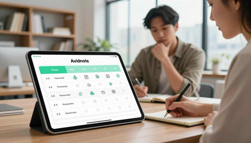 A visually appealing and informative image depicting Avidnote pricing plans. In the foreground, an elegantly designed digital tablet displaying a detailed pricing table with columns for different subscription tiers, illustrated with icons for features like research notes and writing assistance. In the middle ground, a professional individual in smart casual attire analyzes the tablet, poised with a thoughtful expression, perhaps jotting down notes on a notepad. In the background, a modern, well-lit office environment with bookshelves filled with research materials and a large window showing a bright cityscape. Soft, natural lighting enhances the productivity atmosphere, emphasizing organization and clarity, reflecting the innovative spirit of Avidnote. The overall mood is one of focus and professionalism, capturing the essence of research and academic writing support. A visually appealing and informative image depicting Avidnote pricing plans. In the foreground, an elegantly designed digital tablet displaying a detailed pricing table with columns for different subscription tiers, illustrated with icons for features like research notes and writing assistance. In the middle ground, a professional individual in smart casual attire analyzes the tablet, poised with a thoughtful expression, perhaps jotting down notes on a notepad. In the background, a modern, well-lit office environment with bookshelves filled with research materials and a large window showing a bright cityscape. Soft, natural lighting enhances the productivity atmosphere, emphasizing organization and clarity, reflecting the innovative spirit of Avidnote. The overall mood is one of focus and professionalism, capturing the essence of research and academic writing support.