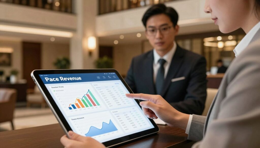 A visually appealing and modern representation of hotel pricing strategies, focusing on the theme of "Pace Revenue." In the foreground, show a sleek tablet displaying dynamic graphs and charts related to hotel tariffs and revenue management. In the middle, depict a knowledgeable hotel revenue manager in professional business attire, analyzing the data with a focused expression. The background features a stylish hotel lobby with elegant decor and soft lighting, creating an inviting atmosphere. Use warm, ambient lighting to convey a sense of professionalism and optimism. The angle should be slightly elevated, capturing both the tablet and the manager engaged in their work, suggesting innovation and opportunity in the hotel revenue sector.