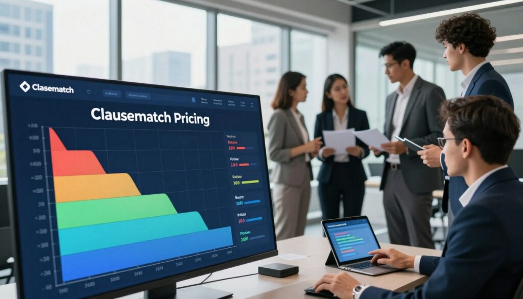 A visually striking image depicting the concept of "Clausematch Pricing" in a modern office environment. In the foreground, a sleek digital dashboard displays vibrant graphs and charts showcasing various pricing tiers, accentuated with dynamic colors to illustrate different levels of service. In the middle ground, a diverse group of professionals in smart business attire is engaged in discussion, examining documents and a tablet displaying Clausematch services. The background features large windows letting in natural light, revealing a cityscape that enhances the modern business atmosphere. Use a wide-angle lens to capture the entire scene, creating an uplifting mood that conveys innovation and efficiency. The image should feel dynamic and professional, perfect for illustrating pricing strategies in technology and policy management. A visually striking image depicting the concept of "Clausematch Pricing" in a modern office environment. In the foreground, a sleek digital dashboard displays vibrant graphs and charts showcasing various pricing tiers, accentuated with dynamic colors to illustrate different levels of service. In the middle ground, a diverse group of professionals in smart business attire is engaged in discussion, examining documents and a tablet displaying Clausematch services. The background features large windows letting in natural light, revealing a cityscape that enhances the modern business atmosphere. Use a wide-angle lens to capture the entire scene, creating an uplifting mood that conveys innovation and efficiency. The image should feel dynamic and professional, perfect for illustrating pricing strategies in technology and policy management.