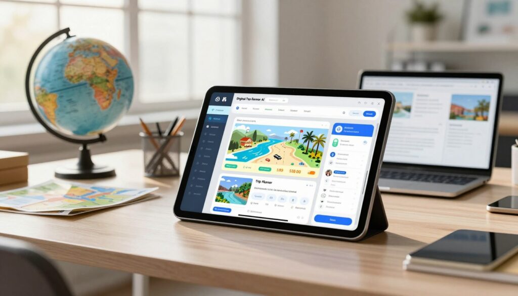 A visually striking image of a digital Trip Planner AI interface displayed on a sleek tablet, set against a professional office background. In the foreground, the tablet shows an interactive itinerary with colorful graphics representing various travel destinations, pricing options, and features. In the middle, a modern desk with travel essentials like a globe, maps, and a laptop showcasing trip planning software, emphasizing organization and tech-savviness. In the background, a bright and airy office with large windows letting in sunlight, creating an inviting atmosphere. The lighting is warm, enhancing the feeling of productivity and inspiration. The overall mood is professional and innovative, reflecting the efficiency of automated travel planning tools.