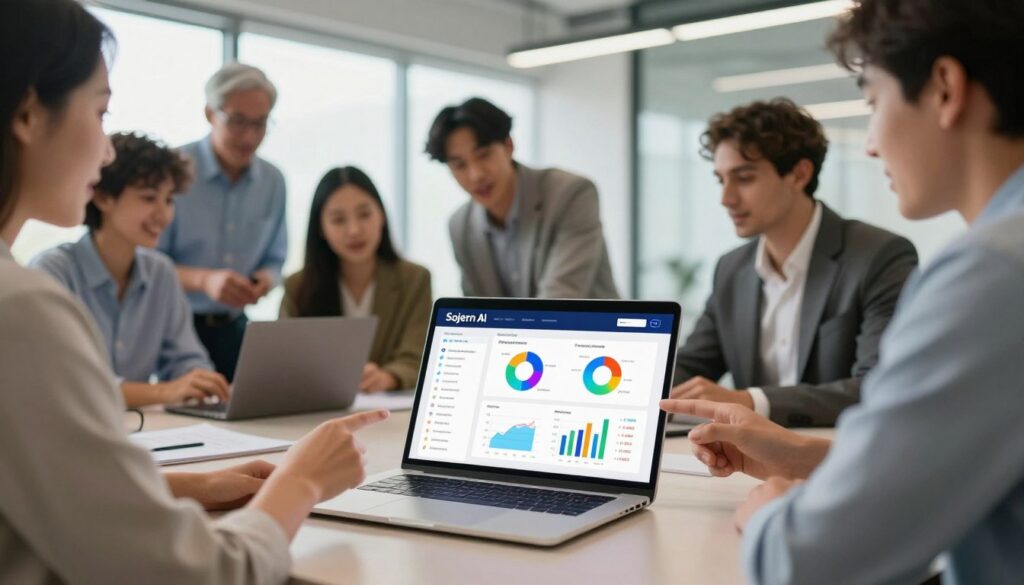 A visually striking image representing Sojern AI's pricing models for tourism marketing campaigns. In the foreground, a sleek modern laptop displays a colorful and interactive pricing dashboard, showcasing charts and graphs with vibrant colors. In the middle ground, a diverse group of professionals in smart business attire engage in a collaborative discussion, pointing at the laptop and exchanging ideas, all exuding an atmosphere of innovation and teamwork. The background features a bright, contemporary office space with large windows letting in natural light, providing a sense of openness and clarity. Use a soft focus on the edges for a professional appeal, while ensuring the lighting highlights the laptop's screen and the expressions of the individuals, conveying excitement about the future of marketing in tourism.