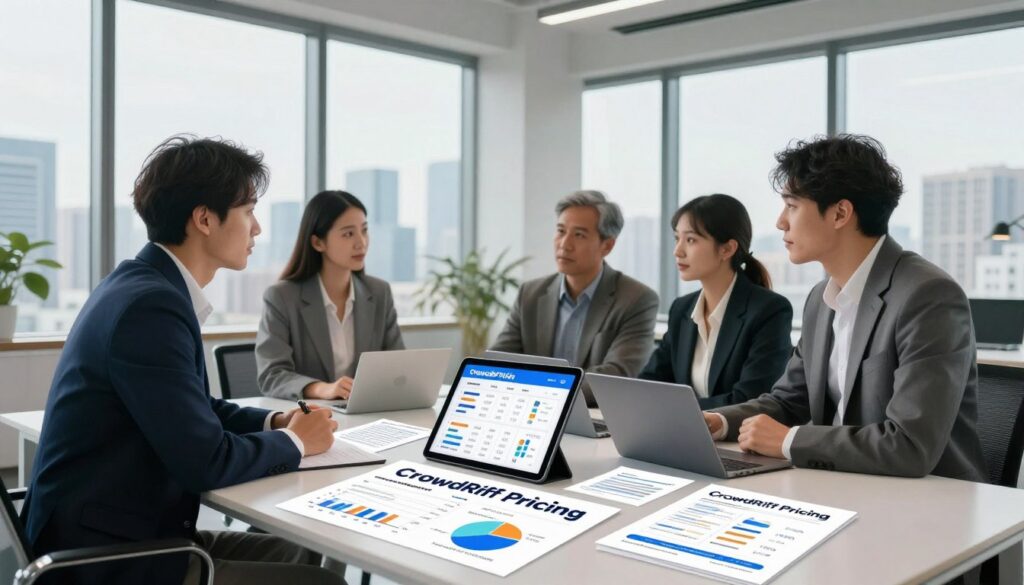 A visually striking representation of "CrowdRiff Pricing" in a modern office environment. In the foreground, a sleek table displays various pricing plans on digital tablets and brochures, featuring clear graphs and charts. The middle ground shows a diverse group of four professionals in business attire engaged in a discussion, with facial expressions reflecting focus and collaboration. The background highlights floor-to-ceiling windows offering a panoramic city skyline view, bathed in soft, natural daylight that enhances the atmosphere of innovation. The overall mood is dynamic yet professional, capturing the essence of modern business solutions with an emphasis on travel content creation. Use a wide-angle lens to encapsulate the collaborative spirit and modernity of the space. A visually striking representation of "CrowdRiff Pricing" in a modern office environment. In the foreground, a sleek table displays various pricing plans on digital tablets and brochures, featuring clear graphs and charts. The middle ground shows a diverse group of four professionals in business attire engaged in a discussion, with facial expressions reflecting focus and collaboration. The background highlights floor-to-ceiling windows offering a panoramic city skyline view, bathed in soft, natural daylight that enhances the atmosphere of innovation. The overall mood is dynamic yet professional, capturing the essence of modern business solutions with an emphasis on travel content creation. Use a wide-angle lens to encapsulate the collaborative spirit and modernity of the space.
