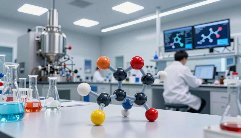 A visually striking representation of "Molecule One," set within the context of a modern chemical synthesis plant. In the foreground, a meticulously detailed model of the Molecule One structure, showcasing its intricate bonds and molecular arrangement with vibrant colors highlighting various elements. The middle ground features an advanced laboratory environment, with glass beakers and high-tech equipment, where scientists in professional business attire are engaged in research. The background includes industrial-grade synthesizers and sleek digital displays showing chemical data and molecular diagrams. The scene is illuminated by bright, sterile LED lights, creating a clean and innovative atmosphere evoking a feeling of cutting-edge scientific advancement. The angle captures the essence of collaboration and precision in modern chemistry.