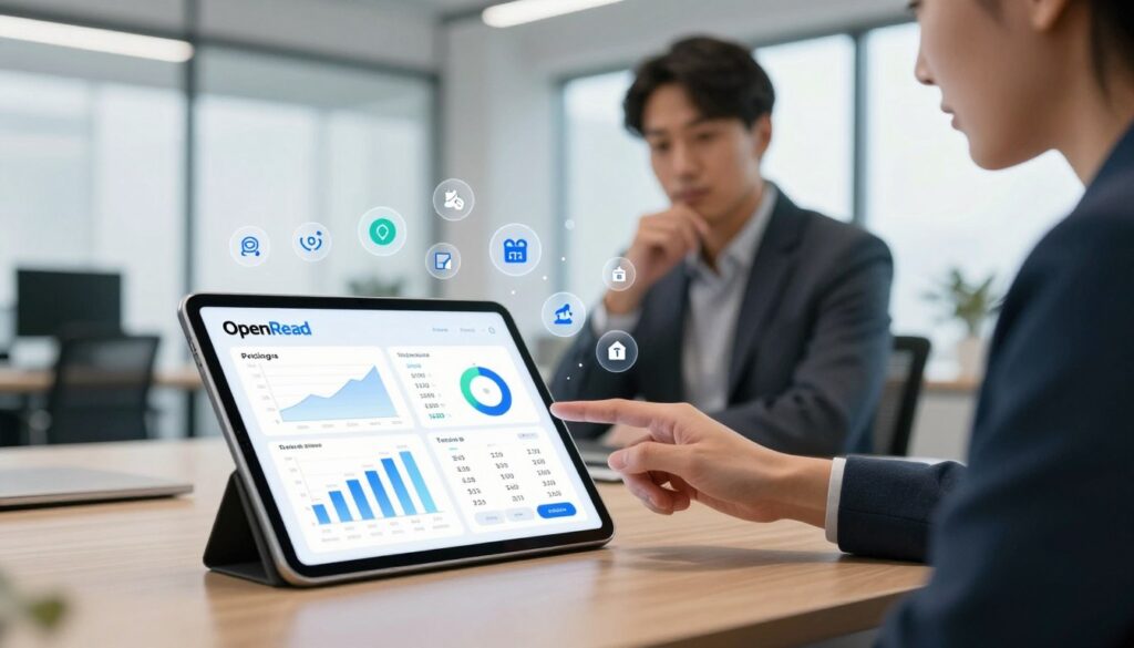 An elegant and visually appealing scene depicting an abstract representation of pricing and tariffs of OpenRead. In the foreground, a sleek digital tablet displays graphs, charts, and numerical figures symbolizing subscription options and tiered services. The middle ground features a thoughtful professional in business attire, analyzing the tablet, surrounded by floating icons that represent various features of OpenRead. The background is a modern office space, with large windows letting in soft, natural light, creating a bright and welcoming atmosphere. The overall mood is one of clarity and professionalism, emphasizing innovation and technology in research and study. The scene is captured from an eye-level angle to enhance engagement and relatability.