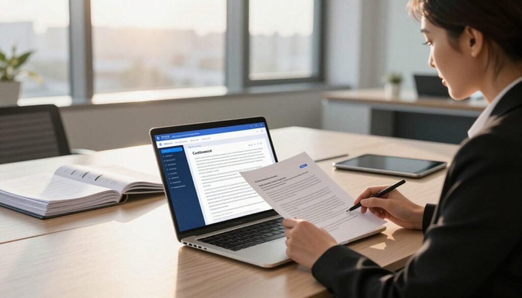An elegant office space showcasing a modern legal tech workstation centered around the Luminance platform. In the foreground, a sleek laptop is open, displaying sophisticated contract analysis software with a vibrant interface. A professional woman dressed in smart business attire is intently reviewing documents, with her face slightly illuminated by the laptop screen. In the middle ground, a stylish conference table holds stacks of legal papers, an open binder, and a digital tablet. The background features floor-to-ceiling windows letting in warm, natural sunlight, casting soft shadows that create a calm atmosphere. The overall mood is focused and professional, emphasizing the innovative use of technology in legal work, capturing both elegance and efficiency in the realm of contract analysis. An elegant office space showcasing a modern legal tech workstation centered around the Luminance platform. In the foreground, a sleek laptop is open, displaying sophisticated contract analysis software with a vibrant interface. A professional woman dressed in smart business attire is intently reviewing documents, with her face slightly illuminated by the laptop screen. In the middle ground, a stylish conference table holds stacks of legal papers, an open binder, and a digital tablet. The background features floor-to-ceiling windows letting in warm, natural sunlight, casting soft shadows that create a calm atmosphere. The overall mood is focused and professional, emphasizing the innovative use of technology in legal work, capturing both elegance and efficiency in the realm of contract analysis.