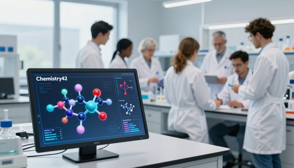 In a modern laboratory setting, showcase a visually striking depiction of Chemistry42's innovative molecular designs. In the foreground, feature a sleek, transparent digital display screen showcasing vibrant, colorful 3D molecular structures that exemplify advanced chemistry concepts. In the middle ground, depict a diverse team of researchers, dressed in professional lab attire, actively collaborating around a high-tech workbench. They should appear engaged and focused, surrounded by scientific instruments and equipment. The background should reveal a bright, airy lab environment with large windows allowing natural light to stream in, creating an inspiring atmosphere. Use a soft focus to enhance the depth of field, ensuring the emphasis remains on the teamwork and display. The overall mood should be one of innovation, collaboration, and excitement about scientific discovery. In a modern laboratory setting, showcase a visually striking depiction of Chemistry42's innovative molecular designs. In the foreground, feature a sleek, transparent digital display screen showcasing vibrant, colorful 3D molecular structures that exemplify advanced chemistry concepts. In the middle ground, depict a diverse team of researchers, dressed in professional lab attire, actively collaborating around a high-tech workbench. They should appear engaged and focused, surrounded by scientific instruments and equipment. The background should reveal a bright, airy lab environment with large windows allowing natural light to stream in, creating an inspiring atmosphere. Use a soft focus to enhance the depth of field, ensuring the emphasis remains on the teamwork and display. The overall mood should be one of innovation, collaboration, and excitement about scientific discovery.