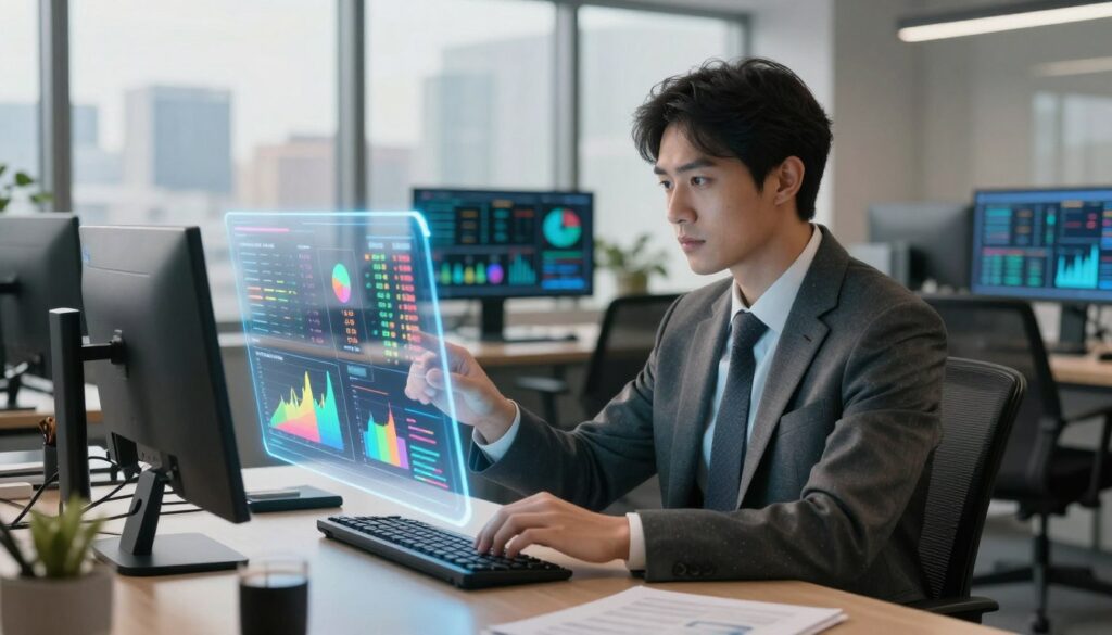 Julius AI, depicted as an advanced artificial intelligence entity, overseeing complex data analysis in a modern office setting. In the foreground, a sleek, futuristic holographic display showcases colorful graphs and research tables, highlighting various pricing and tariff structures. The middle ground features a professional business analyst in smart attire, intently focused on interpreting data from the hologram. The background contains a well-lit office filled with high-tech gadgets, monitors displaying data streams, and a large window showing a cityscape, symbolizing innovation and progress. Soft, natural lighting filters through the window, creating a warm and inviting atmosphere, while capturing the essence of cutting-edge technology in data analysis. Julius AI, depicted as an advanced artificial intelligence entity, overseeing complex data analysis in a modern office setting. In the foreground, a sleek, futuristic holographic display showcases colorful graphs and research tables, highlighting various pricing and tariff structures. The middle ground features a professional business analyst in smart attire, intently focused on interpreting data from the hologram. The background contains a well-lit office filled with high-tech gadgets, monitors displaying data streams, and a large window showing a cityscape, symbolizing innovation and progress. Soft, natural lighting filters through the window, creating a warm and inviting atmosphere, while capturing the essence of cutting-edge technology in data analysis.